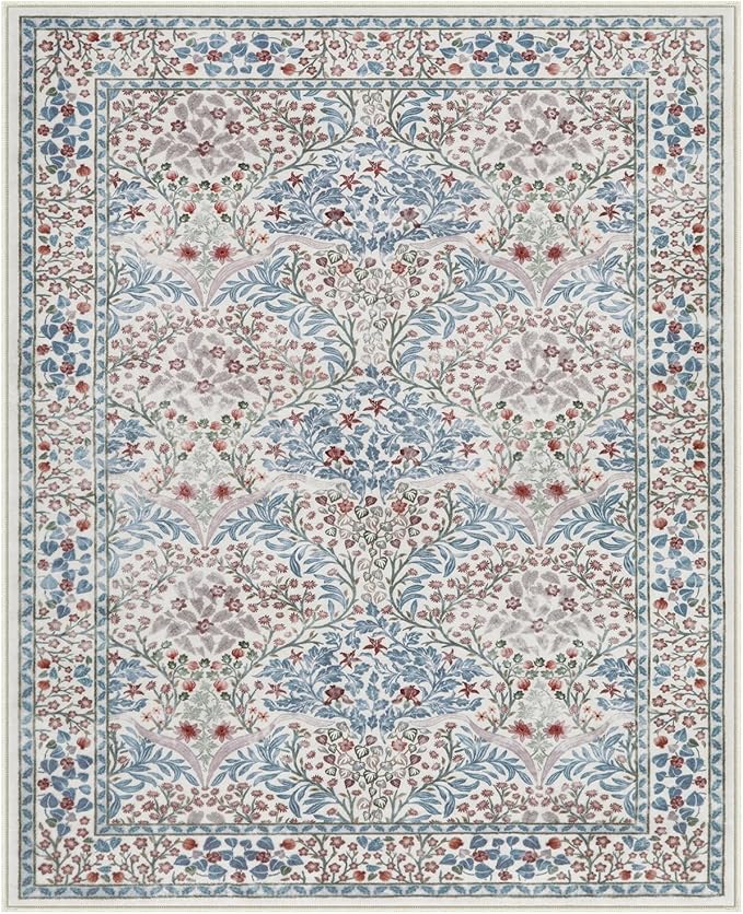 Lahome Floral Washable Rugs 8x10, Soft 8x10 Area Rugs for Living Room Bedroom, Boho Non-Slip Forest Stain Resistance Large Throw Carpet for Farmhouse Dining Room Office, Beige/Blue