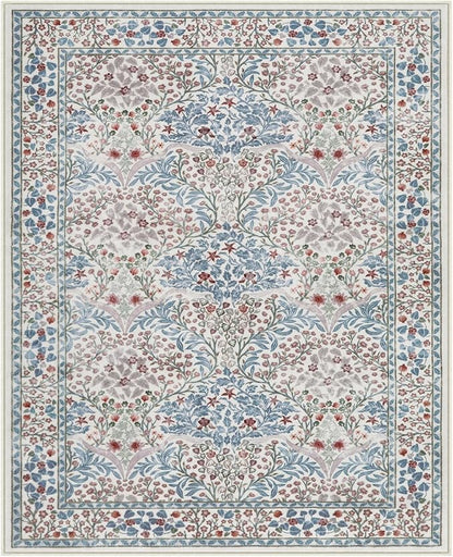 Lahome Floral Washable Rugs 8x10, Soft 8x10 Area Rugs for Living Room Bedroom, Boho Non-Slip Forest Stain Resistance Large Throw Carpet for Farmhouse Dining Room Office, Beige/Blue