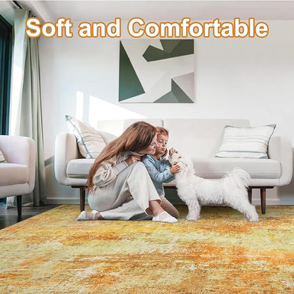 Washable Area Rugs for Living Room 9x12 - Large Neutral Modern Abstract Rug, Soft Low Pile Carpet with Non Slip Backing for Under Dining Room Table, Bedroom, Home, Office, Dorm - Yellow Brick