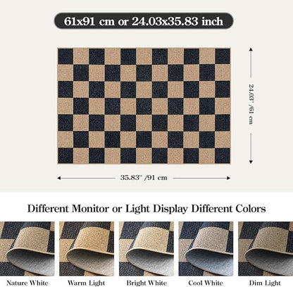 Lahome Checkered Easy Jute 2x3 Rug, Small Entryway Rug Non Slip Kitchen Front Door Mat, Farmhouse Neutral Area Rug Non Shedding Low Pile Floor Carpet for Foyer Porch Doorway