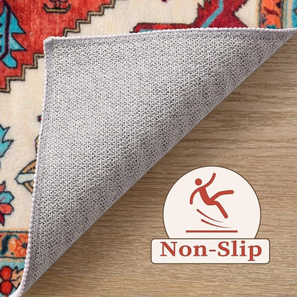SERISSA Area Rug 3x5 Boho Orange Rugs for Bedroom, Washable Non-Slip Kitchen Rugs, Ultra Soft Print Distressed Tribal Entry Rug Low-Pile Throw Rug Carpet for Bedroom Nursery Living Room Dorm Decor