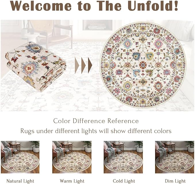 Washable Round Area Rug 8ft - Cream Colorful Traditional Floral Living Room Circle Rug 8x8 Non-Slip Vintage Bohemian Dining Room Carpet Soft Vintage Boho Round Rugs for Bedroom Office Entryway