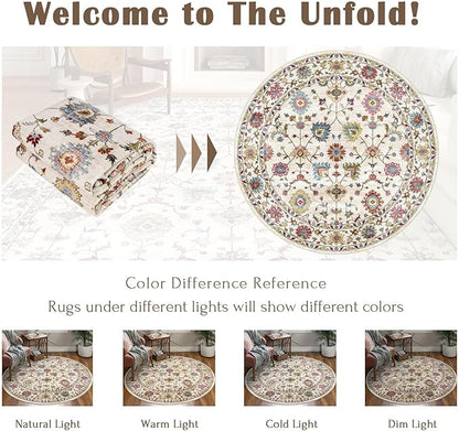 Washable Round Area Rug 8ft - Cream Colorful Traditional Floral Living Room Circle Rug 8x8 Non-Slip Vintage Bohemian Dining Room Carpet Soft Vintage Boho Round Rugs for Bedroom Office Entryway