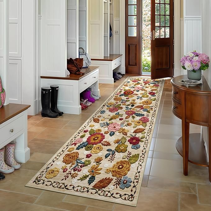2'6''x8' Machine Washable Runner Rug, Kitchen Hallway Area Rug Beige Vintage Boho Floral Ultra Non-Slip Low Pile Soft Faux Wool Carpet, Kids and Pets Friendly for Bedroom Entryway Nursery Decor Rug
