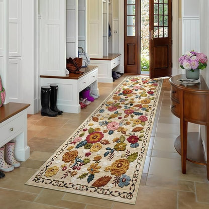 2'6''x8' Machine Washable Runner Rug, Kitchen Hallway Area Rug Beige Vintage Boho Floral Ultra Non-Slip Low Pile Soft Faux Wool Carpet, Kids and Pets Friendly for Bedroom Entryway Nursery Decor Rug
