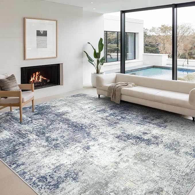 Area Rug for Living Room 10x14 - Extra Large Washable Neutral Modern Abstract Rugs, Soft Carpet with Non Slip Backing for Under Dining Room Table, Bedroom, Home, Office, Dorm - Indigo Gray