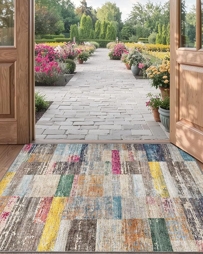 LUMI Ultra Thin Door Mat, 32x47 Non Slip Indoor Doormat Entrance Washable Rugs Entryway Oriental Vintage Soft Carpet for Kitchen Bedroom Front Door, Multicolor