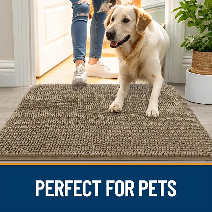 OLANLY Dog Door Mat for Muddy Paws 70x32, Absorbs Moisture and Dirt, Absorbent Non-Slip Washable Doormat, Quick Dry Chenille Mud Mat for Dogs, Entry Indoor Entryway Carpet for Inside Floor, Tan