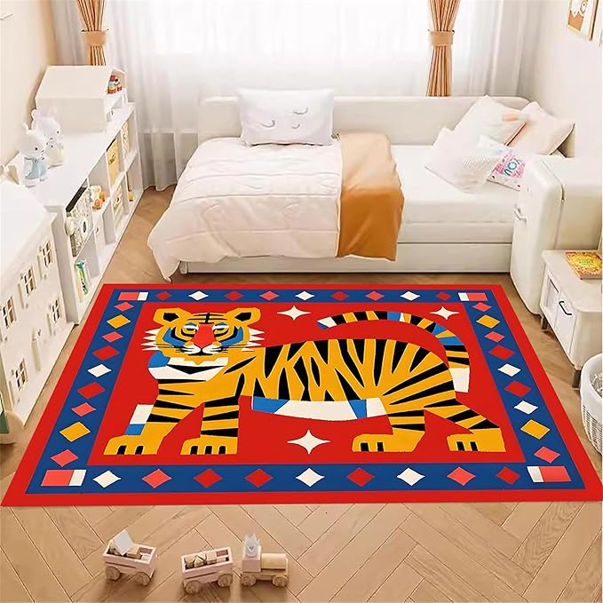 Jungle Animal Area Rug,5x6ft,Unique Design Tiger Print Rug With Geometric Pattern，Bohemian Style Animal Tiger Print Pattern Colorful Rug,Washable Non-Slip Rug for Living Room Classroom Nursery Decor