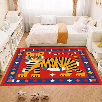 Jungle Animal Area Rug,5x8ft,Unique Design Tiger Print Rug With Geometric Pattern，Bohemian Style Animal Tiger Print Pattern Colorful Rug,Washable Non-Slip Rug for Living Room Classroom Nursery Decor