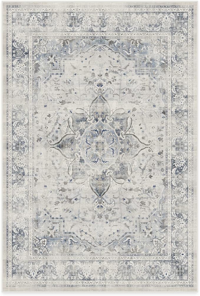 RUGGABLE Washable Vintage Area Rug – Sarrah Blue Quartz 6x9, Stain-Resistant, Non-Slip – Medium Machine Washable Rugs for Living Room, Bedroom, Hallway, Entryway & Office–with Standard Pad