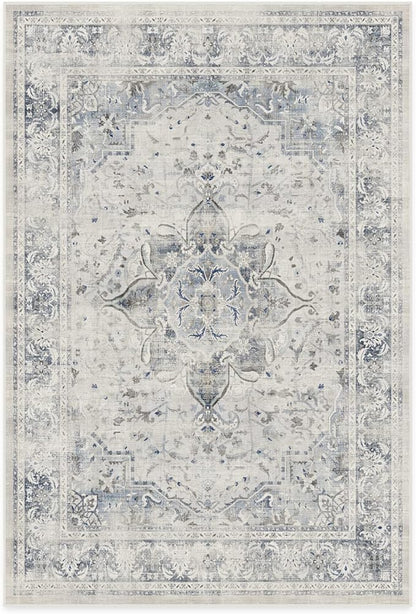 RUGGABLE Washable Vintage Area Rug – Sarrah Blue Quartz 6x9, Stain-Resistant, Non-Slip – Medium Machine Washable Rugs for Living Room, Bedroom, Hallway, Entryway & Office–with Standard Pad