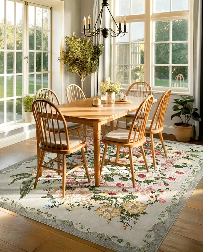 Floral Area Rug Living Room - 8x10 Washable Rugs Non-Slip Soft Bedroom Rugs Under Bed Stain Resistant Accent Indoor Floor Vintage Carpet for Dining Room Kids Playroom Home Office Decor, Grey