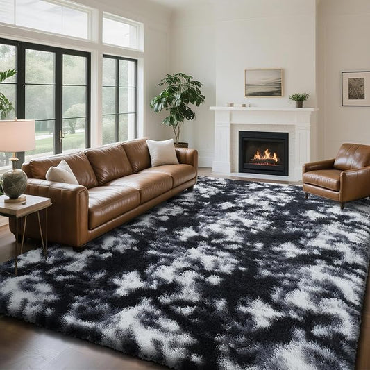 Fluffy Rug Shaggy Area Rug, Mottling Black 9x12 Area Rugs for Living Room, Large Shag Area Rugs for Bedroom Kids Room Home Decor, Upgrade Anti-Skid Rectangular Fuzzy Rugs