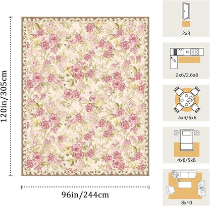 8x10 Machine Washable Area Rug for Living Room, Pink Vintage Boho Floral Rug Large Non-Slip Low Pile Soft Faux Wool Carpet, Kids and Pets Friendly for Bedroom Dining Room Farmhouse Home Decor Rug