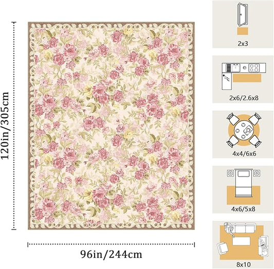 8x10 Machine Washable Area Rug for Living Room, Pink Vintage Boho Floral Rug Large Non-Slip Low Pile Soft Faux Wool Carpet, Kids and Pets Friendly for Bedroom Dining Room Farmhouse Home Decor Rug