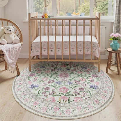 Wonnitar Floral Purple Round Area Rug 5ft, Soft Washable Kids Room Rug, Boho Ultra-Thin Non Slip Circle Carpet for Bedroom Girls Nursery Dorm Living Room Classroom, Light Purple/Pink