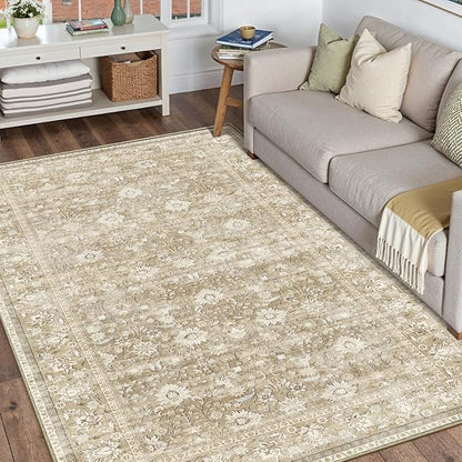 HUGEAR 3x5 Machine Washable Rugs Beige Hallway Area Rug Indoor Accent Rug Floral Low Pile Carpet Soft Throw Rug Bedroom Living Room Office Dining Room Kitchen Laundry Room Non Slip