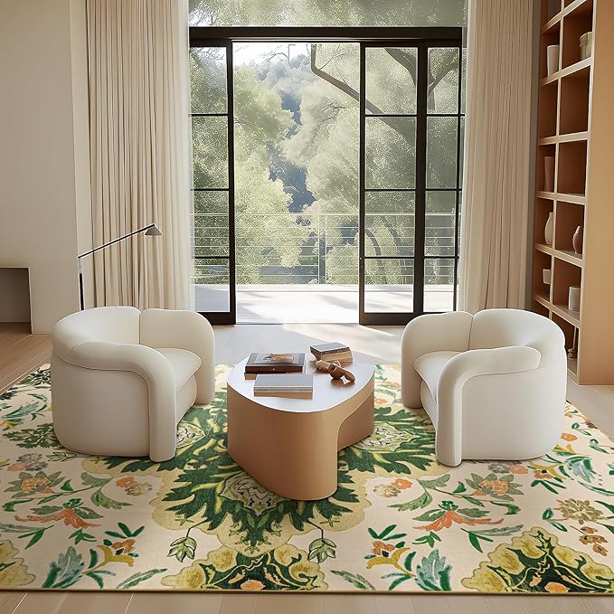 Phantoscope Washable Area Rug 6'x9' Non-Slip, Vintage Boho Rugs for Living Room, Bedroom, Dining Room, Neutral Green Floral Medallion Pattern, Low-Pile Foldable Floor Carpet, Forest Green/Cream