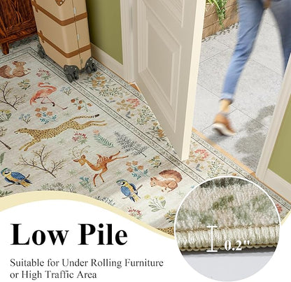 DUKINO 3x5 Rug, Washable Animal Area Rug with Non Slip Vintage Design, Indoor Soft Low Pile Carpet for Bedroom, Nursery, Dining Room, Farmhouse, Playroom, White