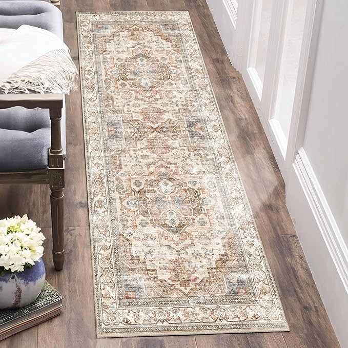 Enkor Runner Rugs for Hallway, 2x6 Washable Soft Non Slip Floor Rugs for Kitchen, Modern Mat for Living Room Bedroom Entryway Beige & Brown
