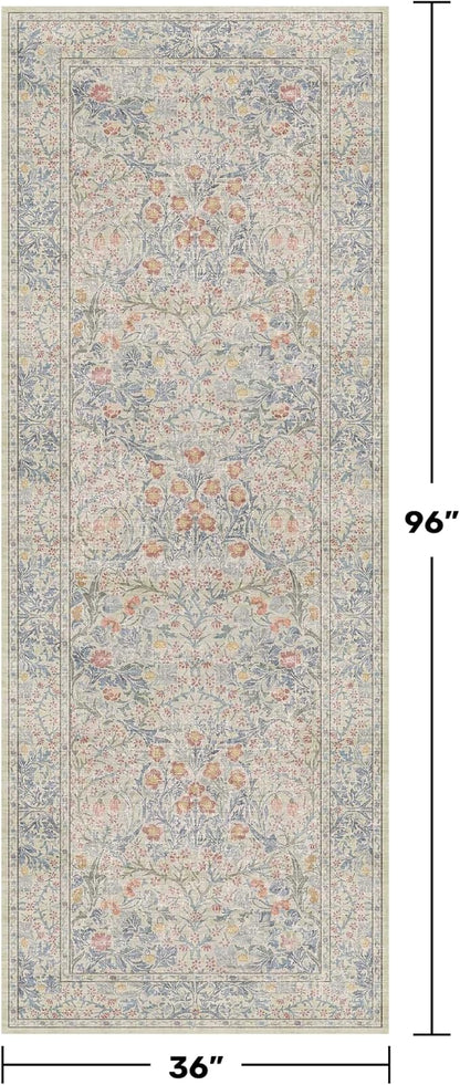 Floral 3x8 Wide Hallway Runner - Beige Blue with Lilic Accent, Boho Forest Decor, Washable Low Pile Non Slip Stain Resistant Rug for Long Kitchen, Large Bathroom, Hall Way