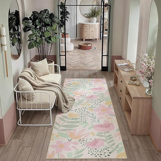 Floral Runner Rug 2x6 Washable Hallway Pink Bedroom Non Slip Cute Long Kitchen Carpet Botanical Indoor Soft Accent Rug for Bathroom Dining Laundry Living Room