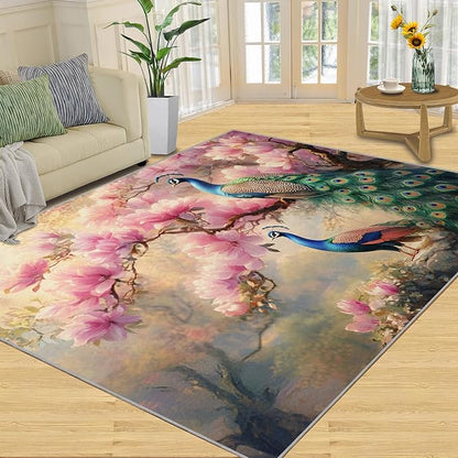 Peacock Magnolia Rug Large - 6x8 Rug, Pink Magnolia Washable Rugs for Living Room, Classic Carpet, Peafowl Non-Slip Area Rugs for Bedroom, Aesthetics Carpet - Peafowl Home Decor & Gifts