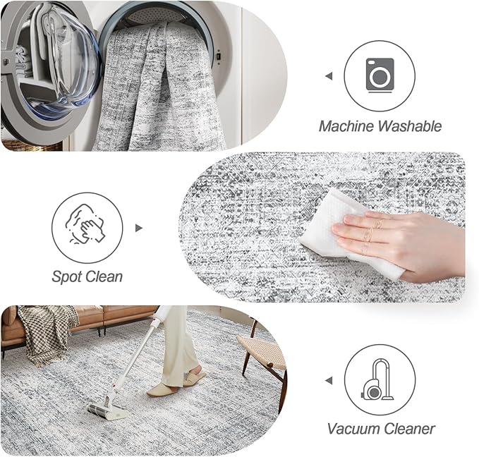 7x9 Area Rug for Living Room Washable Abstract Vintage Soft Thin Indoor Floor Non-Slip Carpet for Bedroom Dining Room Grey