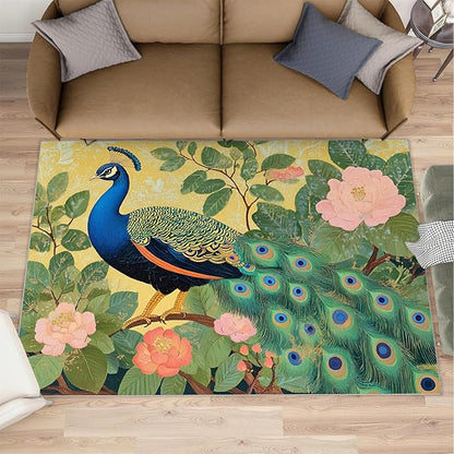 Peacock Peony Rugs for Bedroom - 3x5 Rug, Peacock Decor Area Rugs for Living Room, Peony Flower Carpet, Floral Animal Washable Area Mat, Aesthetics Carpet - Peafowl Home Decor & Gifts