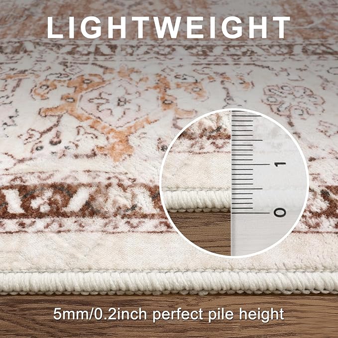 LIVEBOX 5x7 Area Rugs for Living Room, Washable Nursery Orange Boho Rug Soft Non-Slip, Low-Pile Vintage Medallion, Retro Faux Wool for Dining Room, Bedroom, Office