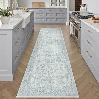 Blue Runner Rug 2x7 Hallway Machine Washable Kitchen Vintage Distressed Non Slip Long Carpet Indoor Retro Floral Bedroom Accent Throw Rug for Bathroom Office Laundry Dining Room
