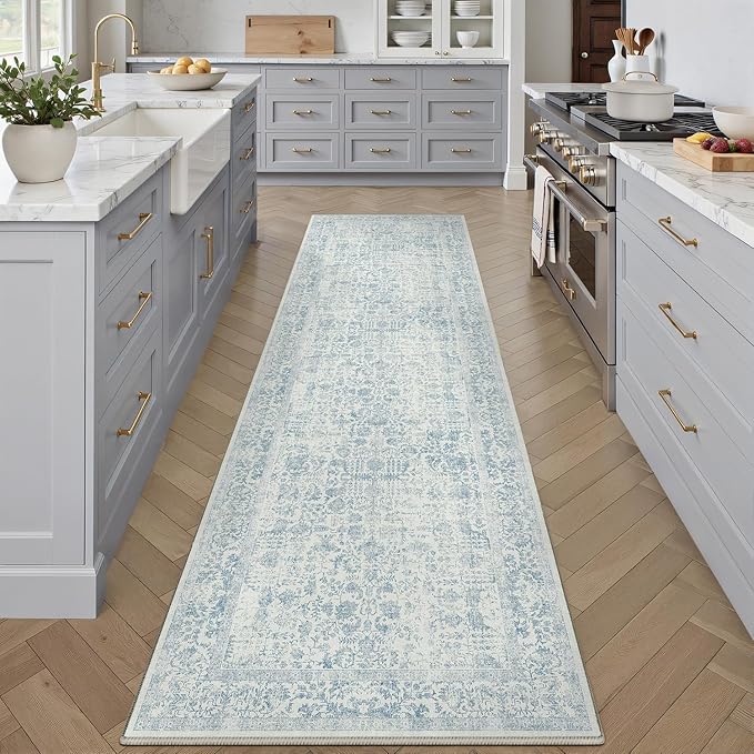 Blue Runner Rug 3x14 Hallway Machine Washable Kitchen Vintage Distressed Non Slip Long Carpet Indoor Retro Floral Bedroom Accent Throw Rug for Bathroom Office Laundry Dining Living Room