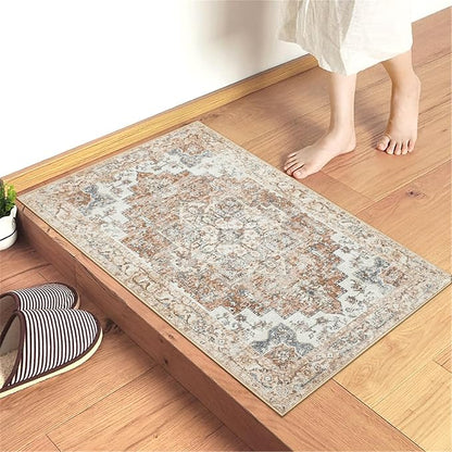 GENIMO Area Rug 2x3 Indoor Machine Washable Doormat, Low Pile Vintage Rugs, Small Retro Lightweight Entryway Mat for Entrance, Hallway, Kitchen and Corridor, Orange