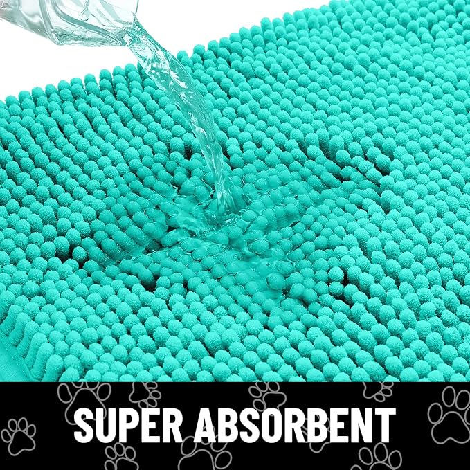 Smiry Dog Door Mat for Muddy Paws, Absorbent Dirt Trapper Non Slip Quick Dry Washable Chenille Mat for Mud Dogs, Entry Rug for Indoor and Outdoor (48x30 Inches, Turquoise and White)