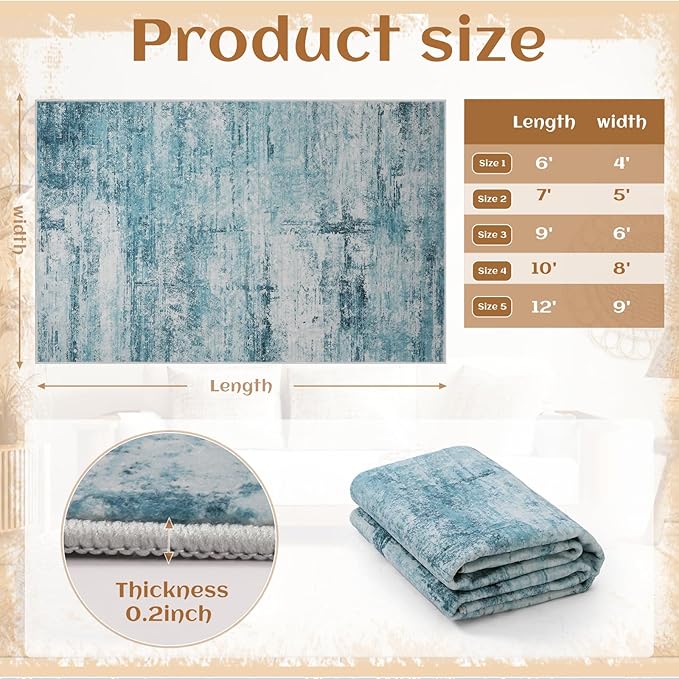 10x12 Abstract Area Rugs for Living Room, Modern Teal Grey Washable Indoor Rug for Bedroom, Soft Large Non-Slip Carpet for Dining Room Home Office Farmhouse Decor - Teal+Gray