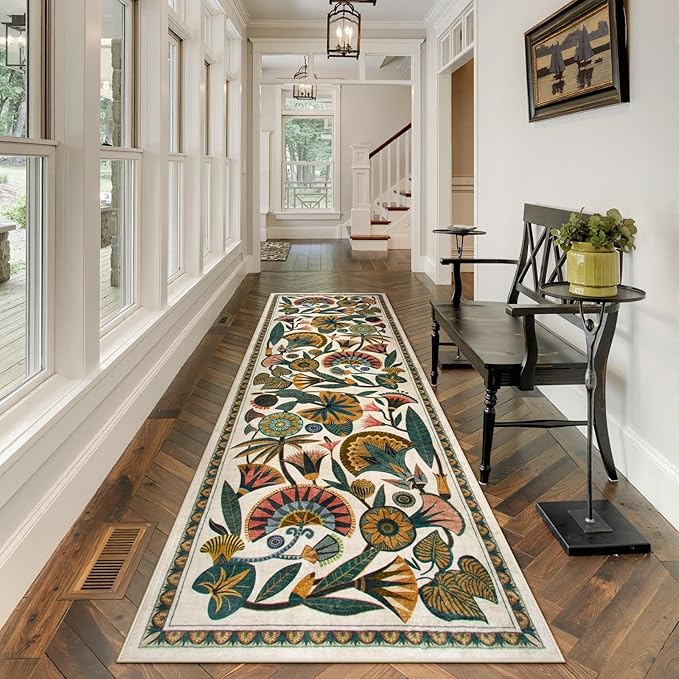 Egypt Floral Washable Bathroom Runner Rug for Kitchen Floor,2x8 Boho Rug Runners for Hallways Entryway,Vintage Non Slip Soft Throw Carpet for Laundry Room Entrance (Beige,2'6''x8')