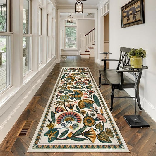 Egypt Floral Washable Bathroom Runner Rug for Kitchen Floor,2x8 Boho Rug Runners for Hallways Entryway,Vintage Non Slip Soft Throw Carpet for Laundry Room Entrance (Beige,2'6''x8')