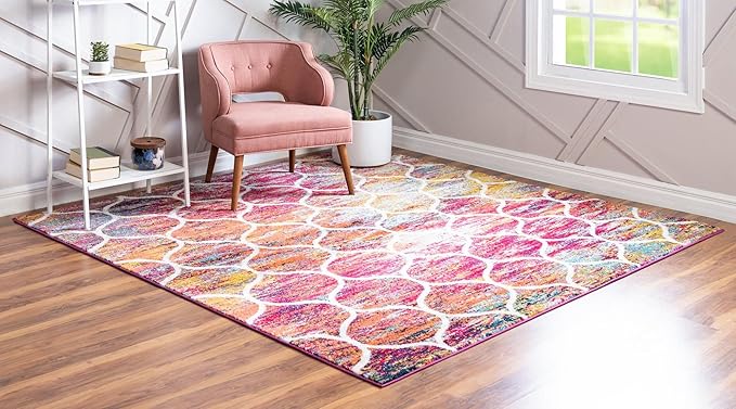 Rugs.com Lattice Frieze Collection Rug – 8' Square Multi Medium Rug Perfect for Living Rooms, Kitchens, Entryways