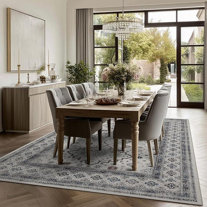 9x12 Area Rug Living Room Rugs, Stain Resistant Washable Rug, Vintage Large Non-Slip Backing, Low Pile Lightweight Print Rug for Bedroom Dinning Room Home Office (White Cream/Gray)