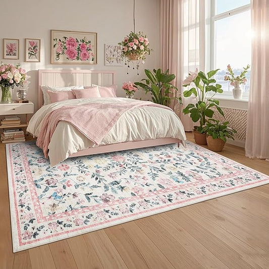 GarveeHome Washable Area Rug 9 x 12 for Living Room, Non-Slip Soft Vintage Rug, Low Pile Farmhouse Floral Carpet, Non-Shedding Indoor Foldable Printed Rugs for Bedroom, Pink