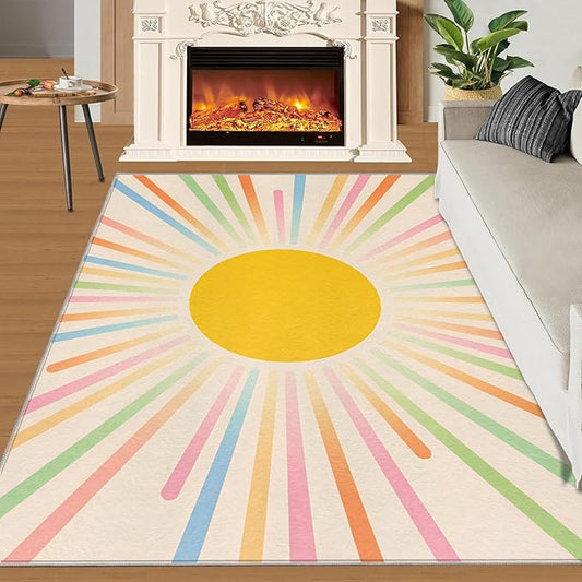 Boho Sun Area Rugs 3x4ft, Minimalist Sunburst Kids Bedroom Rug, Abstraction Deco Bedside Rug Durable Non Slip for Cafe Living Room Under Table Boys Room Decor