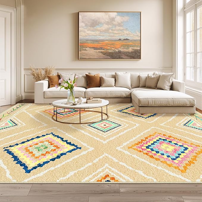 Area Rug 9x12 Rug Machine Washable Non-Slip Low Pile Print Pattern Western Rug for Living Room Bedroom Entryway Tribal Series -Cream/Beige
