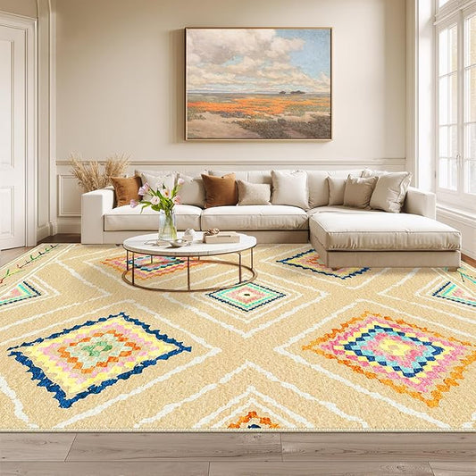 Area Rug 8x10 Rug Machine Washable Non-Slip Low Pile Print Pattern Western Rug for Living Room Bedroom Entryway Tribal Series -Cream/Beige