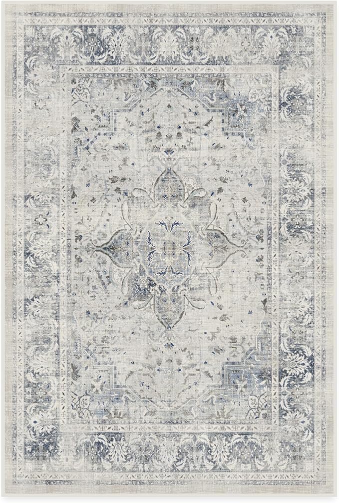 RUGGABLE Washable Vintage Area Rug – Sarrah Blue Quartz 4x6, Stain-Resistant, Non-Slip – Medium Machine Washable Rugs for Living Room, Bedroom, Hallway, Entryway & Office–with Standard Pad