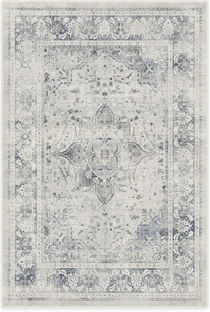 RUGGABLE Washable Vintage Area Rug – Sarrah Blue Quartz 4x6, Stain-Resistant, Non-Slip – Medium Machine Washable Rugs for Living Room, Bedroom, Hallway, Entryway & Office–with Standard Pad