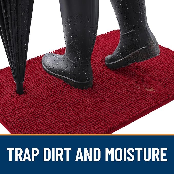 OLANLY Dog Door Mat for Muddy Paws 59x20, Absorbs Moisture and Dirt, Absorbent Non-Slip Washable Doormat, Quick Dry Chenille Mud Mat for Dogs, Entry Indoor Entryway Carpet for Inside Floor, Red