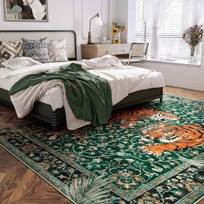 Moynesa Tiger Washable Rugs, 8x10 Area Rugs for Living Room, Soft Large Vintage 8x10 Bedroom Green Rug, Botanical Non Slip Ultra Thin Floor Carpet for Dining Room Home Office