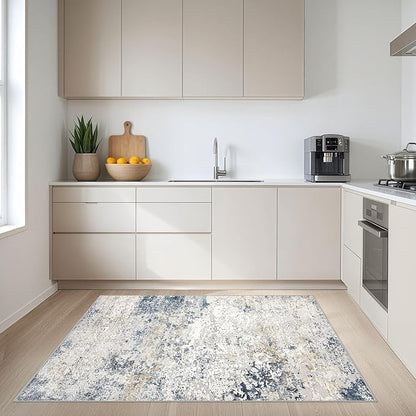 Area Rug Living Room Rugs - 4x6 Abstract Large Soft Indoor Washable Rug Neutral Modern Low Pile Carpet for Bedroom Dining Room Farmhouse Home Office - Beige Blue