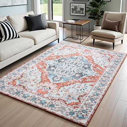 8x10 Area Rugs for Living Room, Machine Washable Non-Slip Low Pile Faux Wool Boho Vintage Carpet, Non-Shedding Large Rug for Bedroom Dining Room Office, Pastel Orange